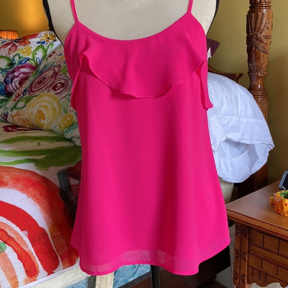 “Naked Zebra” Neon pink spaghetti strap top with ruffled front and back. Size S - Picture 5 of 14